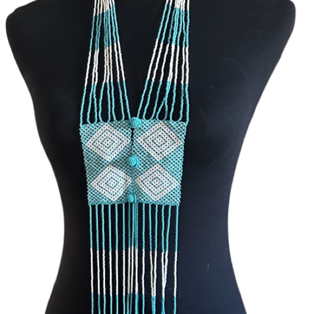 Blue And White Xhosa Hand Beaded Scarf - Picture 2 of 6